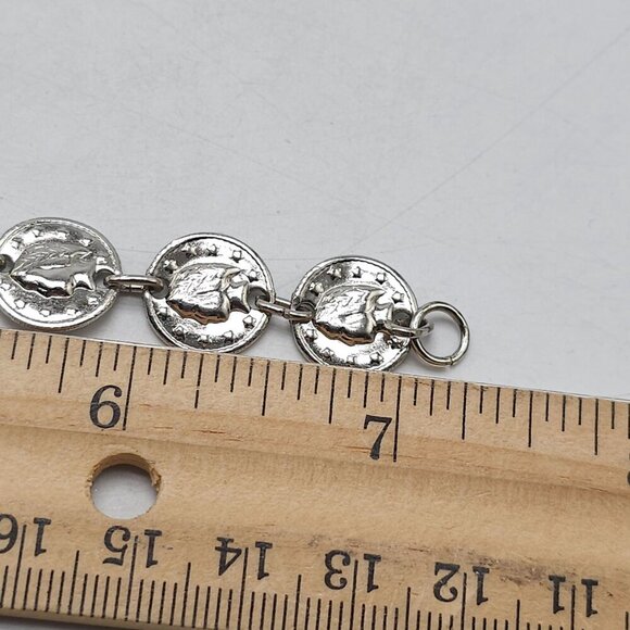 Silver Tone Coin Charm Bracelet With Leaf Embossed Design 7 Inches Lobster Clasp - Picture 4 of 4